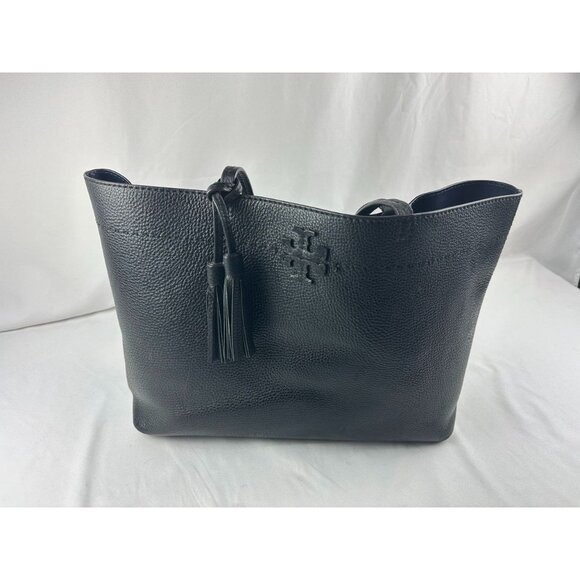 TORY BURCH Large Black McGraw Tassel Leather Tote Bag With Tori Branding - Picture 1 of 11